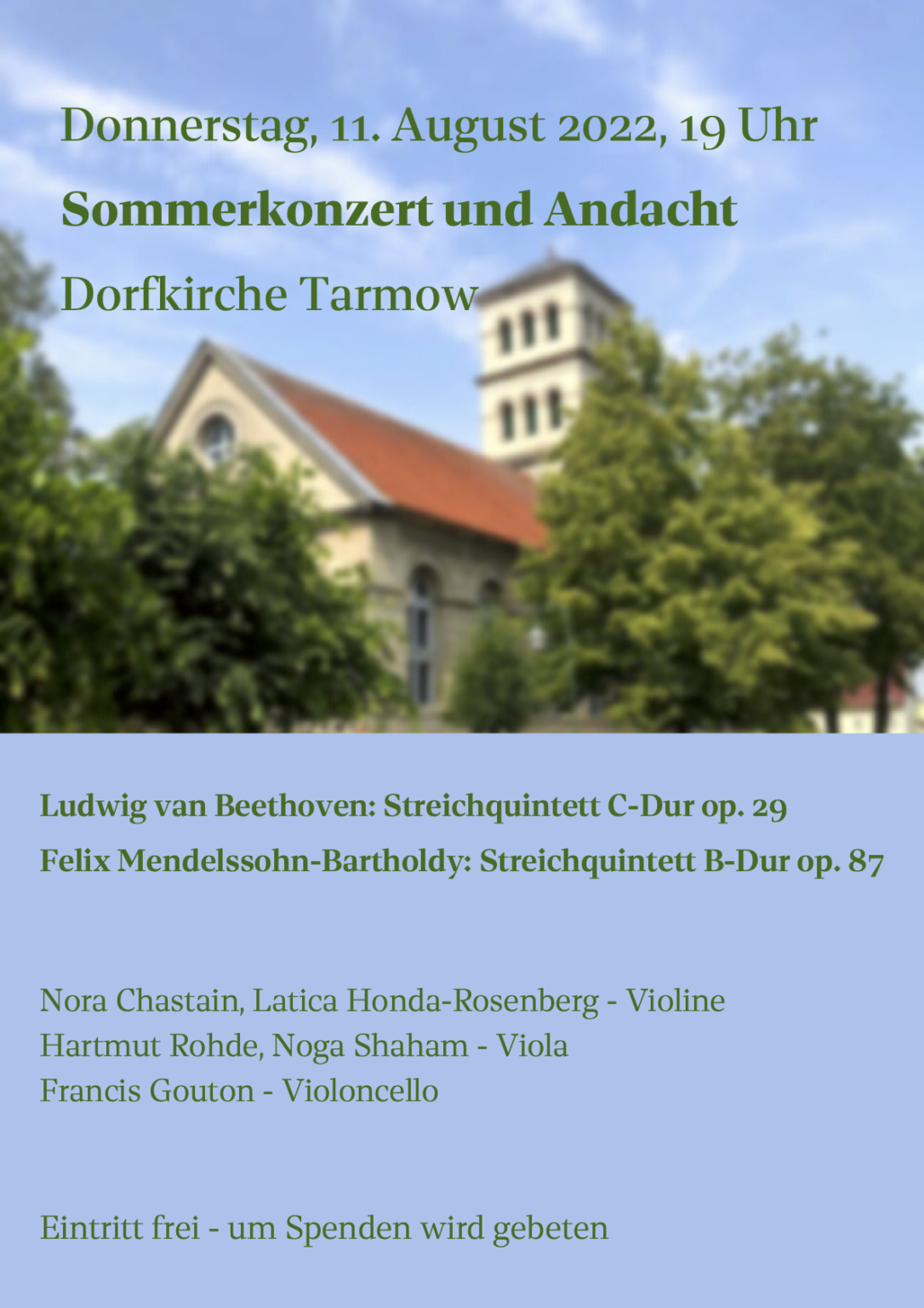 Sommerkonzert und Andacht in der Dorfkirche Tarmow Ländchen Bellin